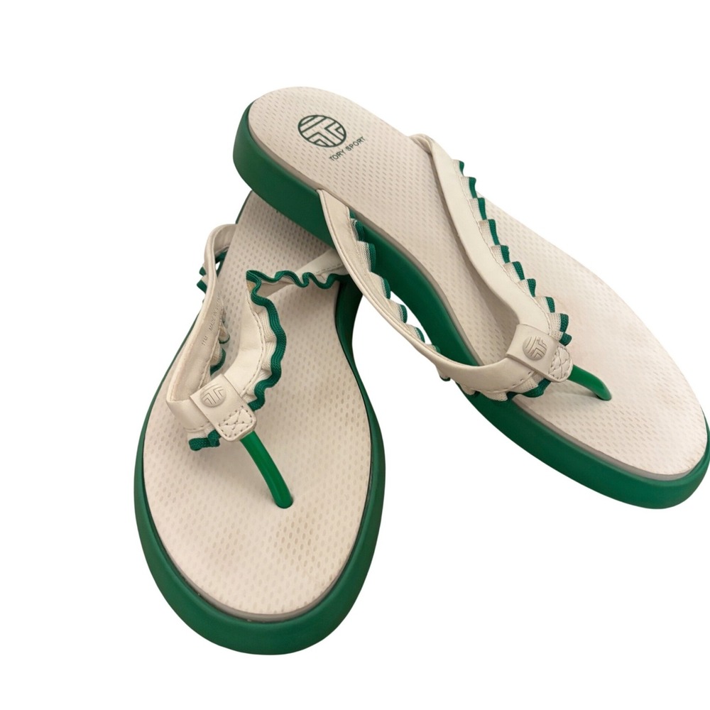 Tory Sport Ruffle Flip Flop Sandals White Green Womens Size 11M